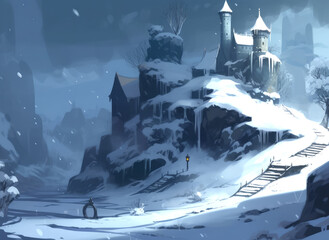 landscape night view of the castle in between the snowy mountains winter season ai image generated