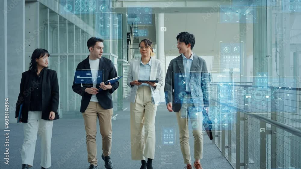 Poster mixed media of group of multinational businesspeople meeting in lobby and digital technology concept