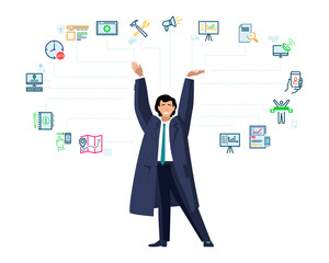 Infographics, banner, SEO. Startup, work, jobs. A businessman plans a business goal for the year. Financial success. Business presentation, template.Annual contract, report.Vector illustration, design