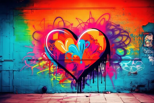 Naklejka Illustration of a Love Symbol in the Form of a Colorful Graffiti Heart on a Wall, Generative AI.