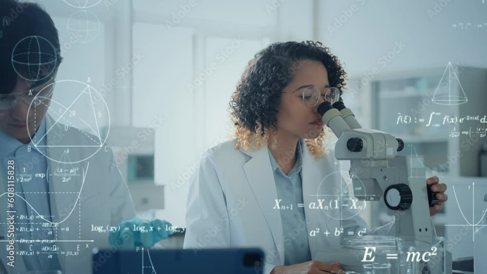 Poster Mixed media of group of multinational researchers experimenting in laboratory and science technology. Research and development concept.