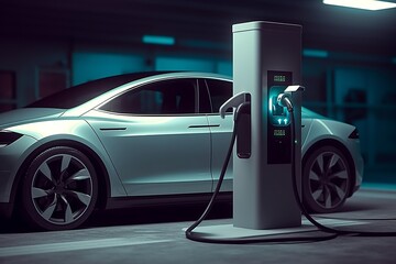 Fototapeta na wymiar Revolutionizing Transportation: EV Car Powered by Electric Charging Station Charger - A Perfect Blend of Technology and Sustainability, Generative AI.