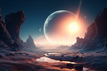 Otherworldly Terrain: A Spectacular View of a Distant Planet in the Cosmos, Generative AI.