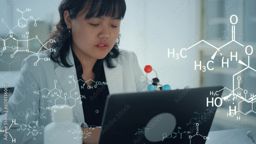Poster Mixed media of researcher experimenting in laboratory and molecular structure diagram concept. Science technology.