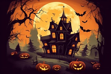 Fototapeta na wymiar Spooky Halloween Illustration Featuring Haunted Houses, Bats, Silhouettes, and Pumpkins, Generative AI.