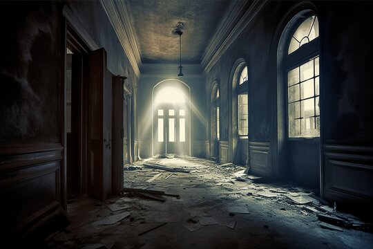 Eerie Interior of a Haunted Building, Generative AI.
