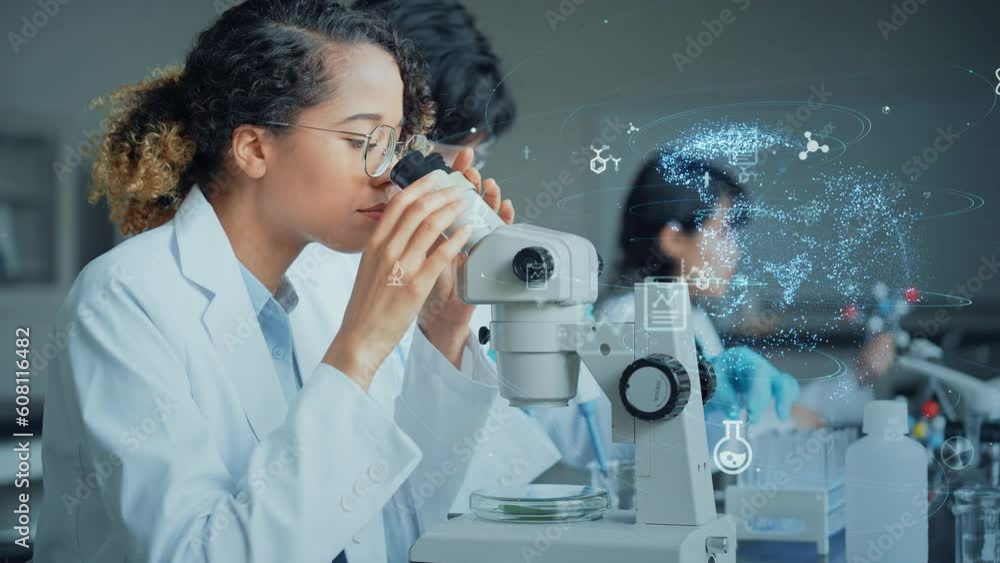 Poster Mixed media of group of multinational researchers experimenting in laboratory  and digital data concept. Research and development concept.
