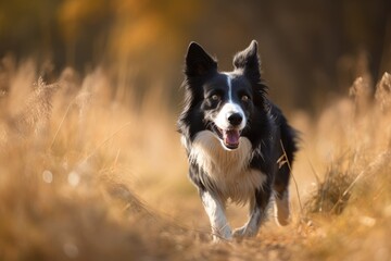 Border collie dog running in the autumn meadow. Pet animals. Ai generated