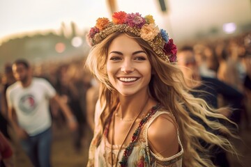 pretty female hippie having fun at EDM festival season. generative AI - obrazy, fototapety, plakaty