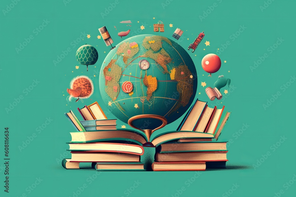 Poster exploring the depths of human and scientific knowledge: a conceptual art piece featuring books and o