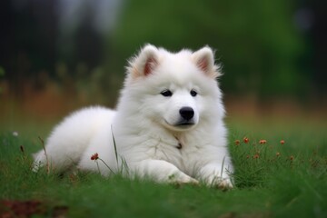 Beautiful Samoyed puppy sitting on the grass in the park Ai generated