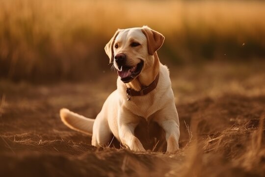 Labrador retriever dog running in the field at sunset. Yellow labrador retriever puppy. Ai generated