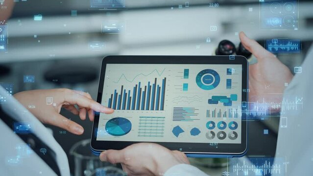 Mixed media of group of engineers meeting in lab and digital data concept. Science technology.