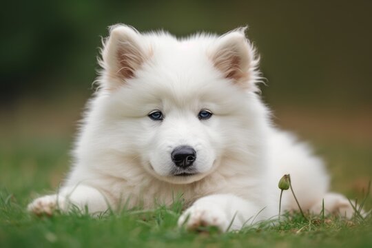 Cute Samoyed puppy lying on the grass in the garden Ai generated