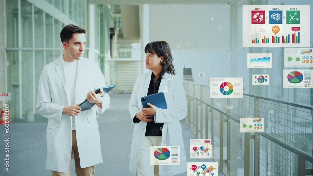 Poster Mixed media of group of engineers walking in lab and digital data concept. Science technology.