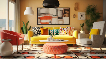 A modern retro-style living room with a vibrant color palette and bold geometric patterns, creating a dynamic and visually striking interior. Generative AI