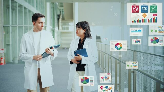 Mixed media of group of engineers walking in lab and digital data concept. Science technology.