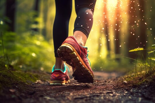 Lady Trail Runner Trekking through Forest Path with Close-up of Trail Running Shoes Crafted with Precision, Generative AI.