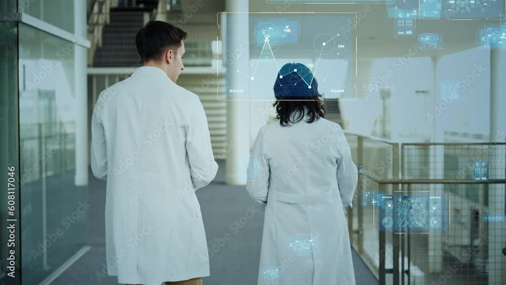 Poster mixed media of group of scientists and digital technology concept. medical technology.