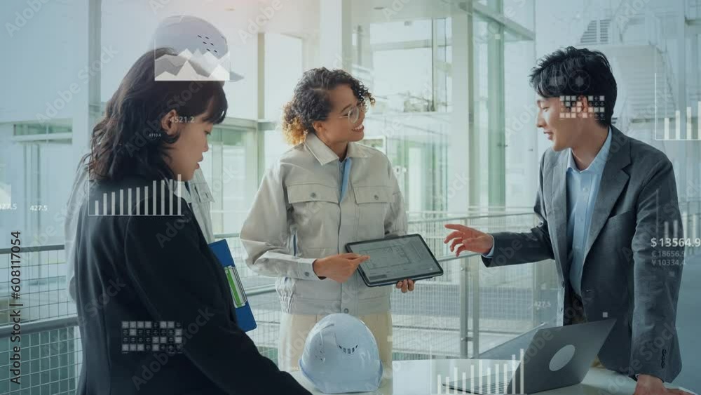 Poster Mixed media of group of multinational businesspeople and engineers meeting in office building and analytics chart concept. System engineering.