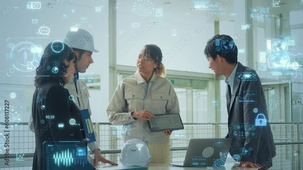 Poster mixed media of group of multinational businesspeople and engineers meeting in lobby and digital tech