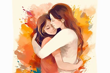 Embracing Love: A Heartwarming Illustration of a Mother and Daughter on Mother's Day with Ample Space for Text, Generative AI.