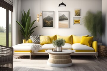Beautiful bright interior of the living room in white and yellow tones. AI generated.