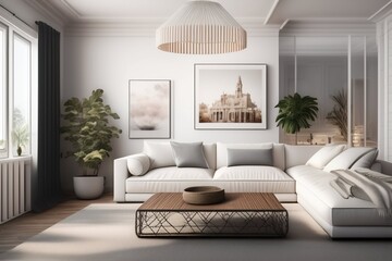 Stylish cozy modern bright living room with a large white sofa. AI generated.