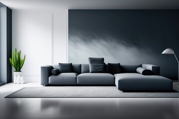 Stylish modern living room with a large gray sofa in a minimalist style. AI generated.