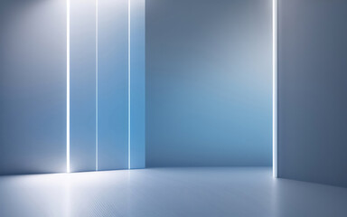 Universal minimalistic blue background for presentation. A light blue wall in the interior with beautiful built-in lighting and a smooth floor. - obrazy, fototapety, plakaty