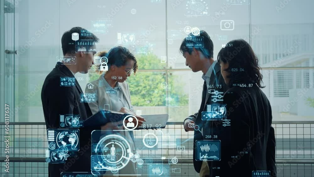 Poster mixed media of group of multinational businesspeople meeting in lobby and digital technology concept