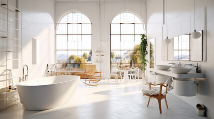 Fototapeta premium Generative ai illustration of artist loft with bathtub and faucet in bathroom