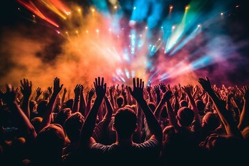 Fototapeta na wymiar Colorful Light Beams Illuminate Energetic Crowd with Raised Hands at Concert, Generative AI.