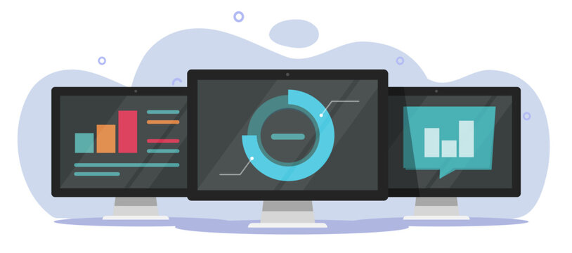 Big data information research analysis online virtual on computer servers technology vector graphic illustration, analytics visual digital info monitoring system on pc image clipart