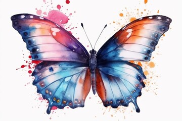 Fototapeta premium Hand-Drawn Watercolor Butterfly with Splashes on a White Isolated Background, Generative AI.