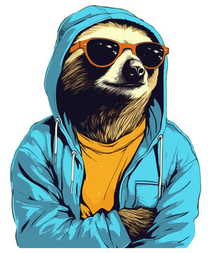 Cooles Faultier mit Sonnenbrille, gelbem T-Shirt und blauer Jacke- Generative AI