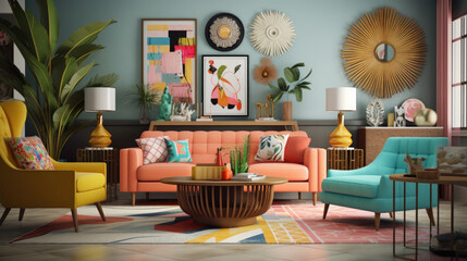 A modern retro-style living room with a vibrant color palette and bold geometric patterns, creating a dynamic and visually striking interior. Generative AI