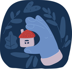 Cartoon vector illustration of hand holding tiny house. Person selling or buying property. Real estate, mortgage, investment concept.