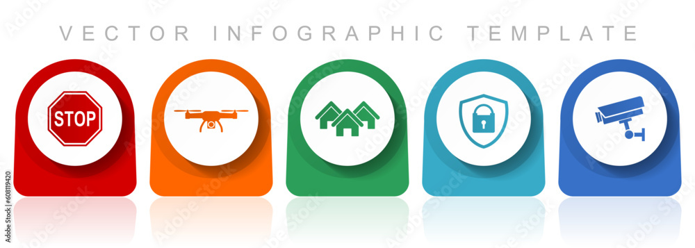 Poster home security icon set, flat design miscellaneous colorful icons such as stop sign, drone, house, cc