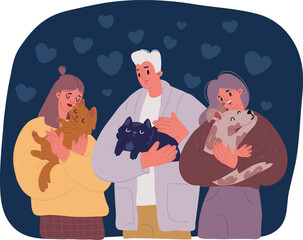 Cartoon vector illustration of man and woman holding ther pets. Dogs and cats