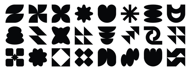 Fototapeta premium Collection of geometric shapes on white background. Abstract black color icon element of flower, square, pixel, sparkling, different shapes. Icon graphic design for decoration, logo, business, ads.