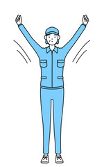 ラジオ体操をする帽子と作業着姿のシニア女性（経営者、管理職、上司）