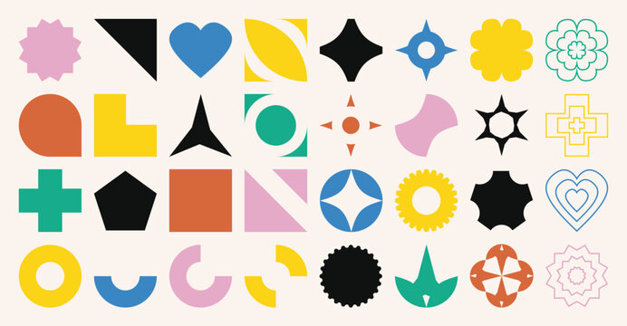 Set of abstract retro geometric shapes vector. Collection of contemporary figure, flower, sparkle, heart in 70s groovy style. Bauhaus Memphis design element perfect for banner, print, sticker, decor.