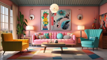A modern retro-style living room with a vibrant color palette and bold geometric patterns, creating a dynamic and visually striking interior. Generative AI