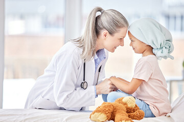 Cancer patient, child and doctor holding hands for support, healthcare courage or empathy, love and healing in hospital bed. Happy girl or sick kid and pediatrician or medical person helping together