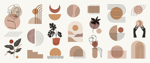 Fototapeta na wymiar Hand drawn abstract minimal element mid century vector set. Aesthetic contemporary stripe line art, watercolor geometric shapes, women in earth tone. Design for wall art, decoration, wallpaper.
