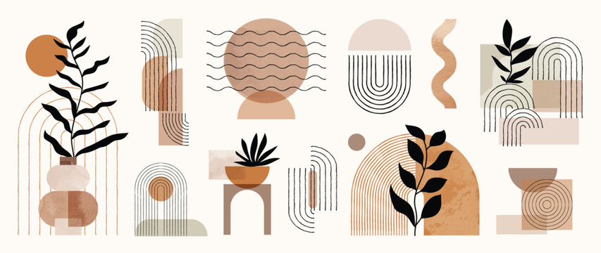 Hand drawn abstract minimal element mid century vector set. Aesthetic contemporary stripe line art, watercolor geometric shapes, leaf in earth tone. Design for wall art, decoration, wallpaper.