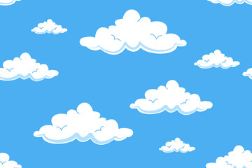 Vector cloud pattern. Illustration of a blue sky with beautiful white clouds. Seamless cloudscape pattern for fabric. Great weather. - obrazy, fototapety, plakaty
