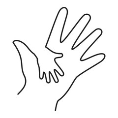 Obraz premium Hand of adult and kid vector isolated icon. Line symbol of mother and child, support and care. Concept of volunteering and togetherness.