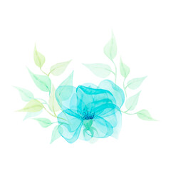 Fototapeta premium Watercolor drawing of half-transparent clear green and light-brown branch wirh leaves on white background. Nice picture for illustration, stickers, cards, scrapbooking